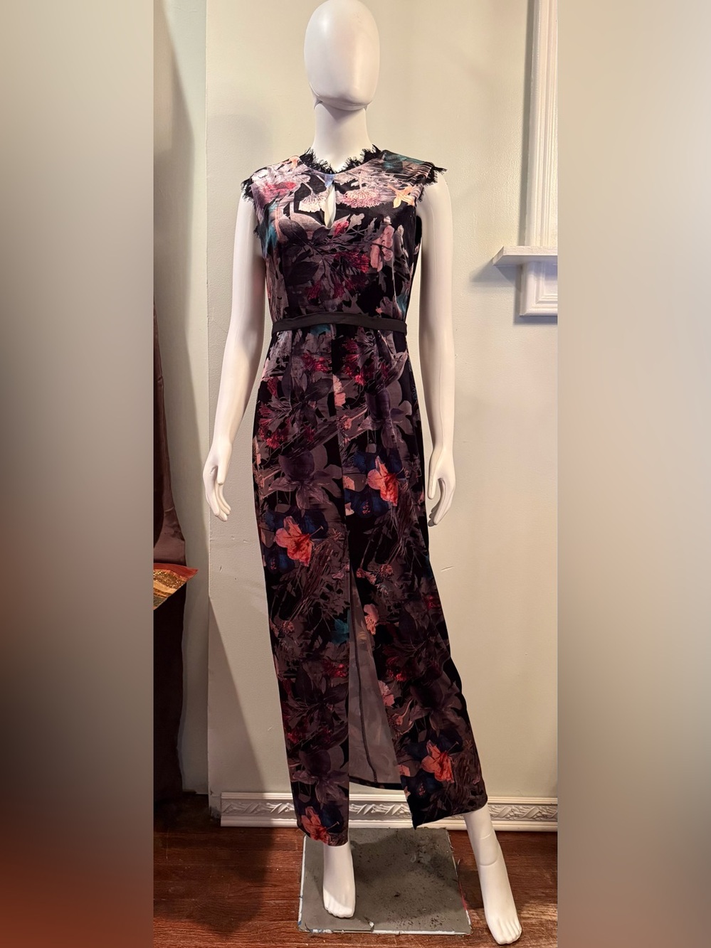 Little Mistress Black Floral Maxi Dress with Velveteen Pink & Teal Accents